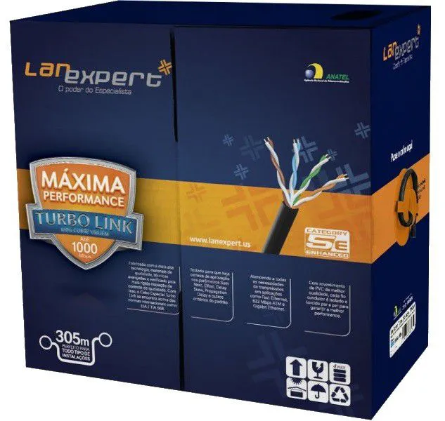 Cabo De Rede Lan Expert Turbo Link Cat5E Utp Preto 4 Pares Caixa 305Mt